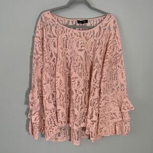 NEW Suzanne Betro Pink Floral Lace Ruffle Bell Sleeve Blouse 4X Plus Size